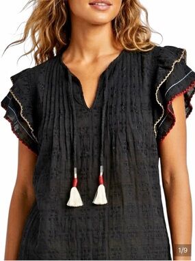 ACOS&A Black flutter sleeve SUMMER lightweight tassels TOP XL